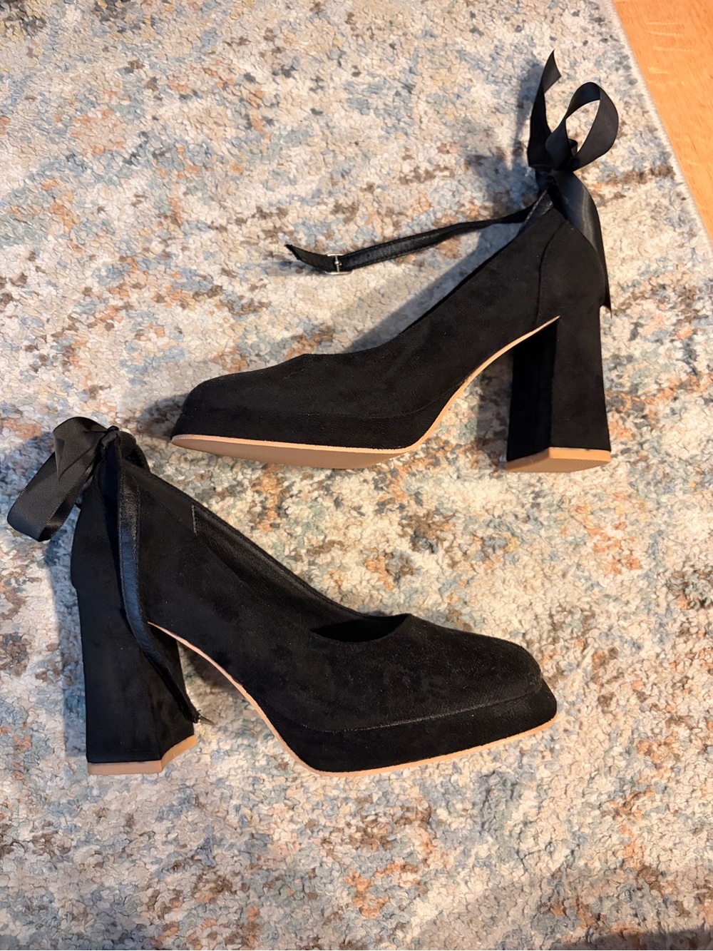 Black Suede Ribbon Tie Block Heel Pumps